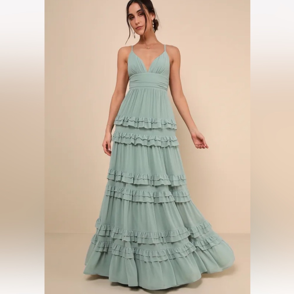 Lavish Perfection Sage Green Ruffled Tiered Maxi Dress